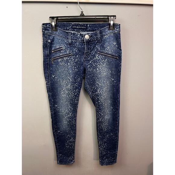 Rock Republic Moto Jeans Womens 0 Skinny Crop Banshee Blue White Splatter Denim - Picture 1 of 9